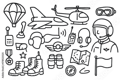 Military Pilot Doodle Icons. Hand-drawn doodle illustration Military pilots [fighter jet, helicopter, helmet, goggles, parachute, wings badge, radio headset,