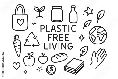 Eco-Friendly Doodle Icons. Hand-drawn doodle illustration Plastic-free living cloth bag, glass jar, bottle, sprout, recycle symbol, heart, star, globe, leaf,
