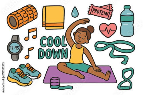 Cool Down Essentials. Cool down. Colorful Hand-drawn doodle Children illustration cool down yoga pose, foam roller, towel, protein bar, water bottle, heart