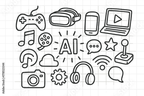 Entertainment Tech Doodles. Hand-drawn doodle illustration AI in entertainment game controller, VR headset, smartphone, laptop, music note, movie reel, play