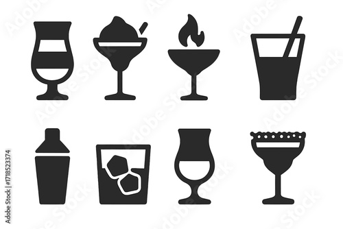 Cocktail Icon Grid. Solid, filled icon set of cocktail presentation styles: layered drink, frozen cocktail, flaming drink, stirred cocktail, shaken cocktail,