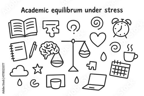 Balancing Academic Stress. Hand-drawn doodle illustration Academic equilibrium under stress [open book, notebook, pen, brain, heart, clock, spiral, scales,