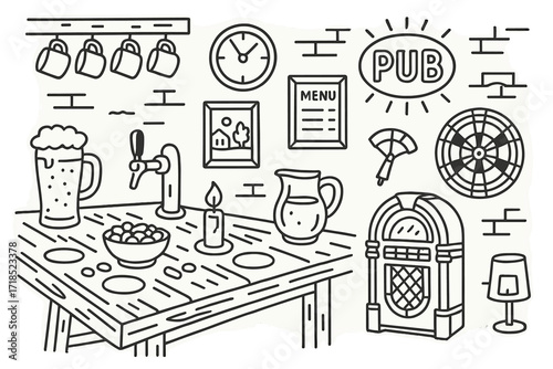 Quaint Pub Interior. Pub interior scene. Hand-drawn doodle illustration pub interior scene wooden table, pint glass, beer tap, coasters, dartboard, jukebox,