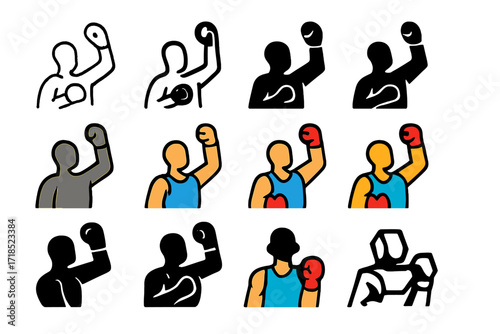 Boxer Victory Logos. Set Logo of Fighter Victory: boxer raising hand. Logo set in vector style, emblematic variations. line, bold thick line, solid black