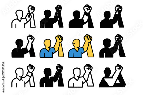 Fighter Victory Logo Grid. Set Logo of Fighter Victory: hand raised by judge. Logo set in vector style, emblematic variations. line, bold thick line, solid