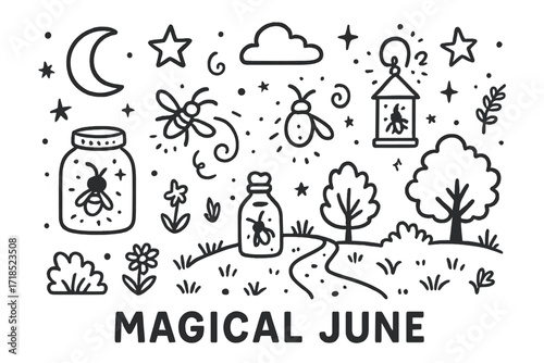 Magical Fireflies Night. Hand-drawn doodle illustration Magical June fireflies night [firefly, glowing spark, sparkle swirl, jar, lantern, moon, star, cloud,