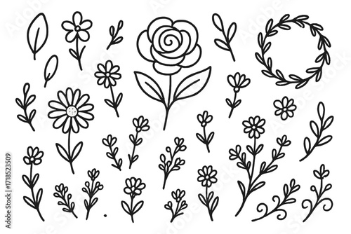 Floral Doodle Icons. Hand-drawn doodle illustration Floral graphic design trend [rose, daisy, tulip, petal, stem, floral swirl, garden icon, bouquet, blossom,