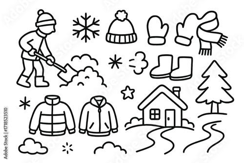 Winter Doodle Icons. Hand-drawn doodle illustration Shoveling snow shovel, snow pile, snowflake, mittens, boots, hat, scarf, jacket, house, tree, path, star,
