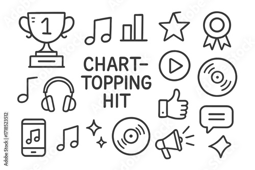 Music Iconography Doodles. Hand-drawn doodle illustration chart-topping hit trophy, music note, bar chart, headphones, star, play button, award ribbon, vinyl,