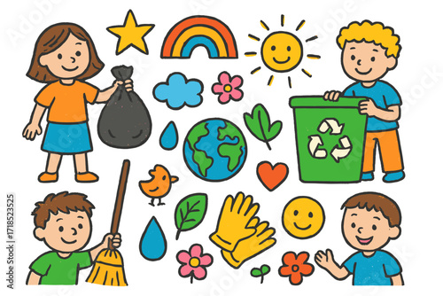 Community Cleanup Doodles. Colorful Hand-drawn doodle Children illustration Community Cleanup [trash bag, recycling bin, gloves, broom, star, rainbow, sun,