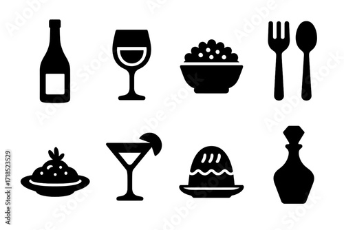 Luxury Dining Icons. Solid, filled icon set of luxury dining and drinks: champagne bottle, wine glass, caviar, gold cutlery, gourmet dish, cocktail glass,
