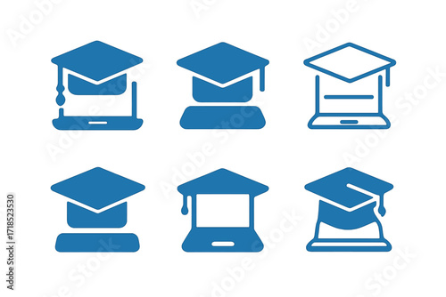 Digital Cap Logos. Online Learning. Set Logo of Online Learning: Digital graduation cap. harmonious logo variations of the same emblematic concept, each with