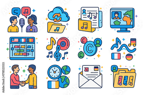 Global Music Collaboration Icons. Colorful isometric vector icons set of world music collaboration: two singers with speech bubbles, cloud sync project, shared
