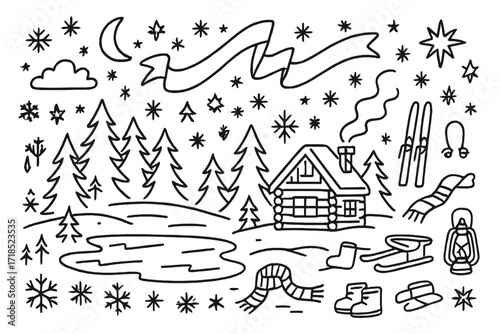 Winter Doodle Wonderland. Hand-drawn doodle illustration Winter aurora landscape snowflakes, pine trees, frozen lake, stars, moon, aurora ribbons, cabin,
