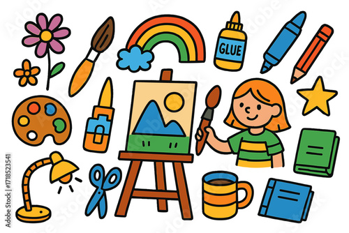 Colorful Creative Workspace. Colorful Hand-drawn doodle Children illustration Artists' Collective Workspace [easel, canvas, paintbrush, palette, scissors,