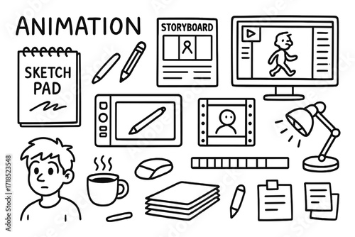 Animation Workspace Essentials. Hand-drawn doodle illustration Animation production sketchpad, storyboard, pencil, graphics tablet, monitor, animation frame,