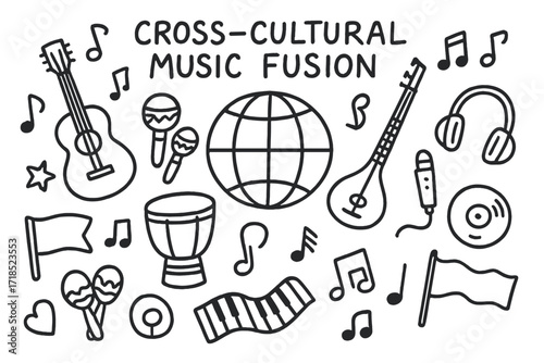 Cross-Cultural Music Icons. Hand-drawn doodle illustration Cross-cultural music fusion [globe, guitar, drum, sitar, maracas, microphone, headphones, piano