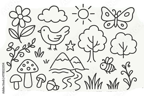 Nature Doodle Icons. Hand-drawn doodle illustration [Nature-themed mural] [leaf, flower, tree, bird, butterfly, sun, cloud, mountain, mushroom, river, vine,
