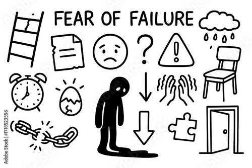 Fear of Failure Icons. Hand-drawn doodle illustration Fear of failure [broken ladder, torn paper, sad face, question mark, warning sign, clock, cracked egg,
