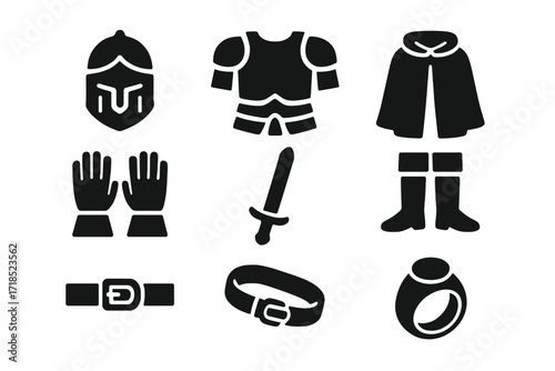 Medieval Attire Icons. Solid, filled icon set of medieval lord attire: helmet, armor, gauntlets, cape, boots, sword, belt, ring. Solid, filled icons in only