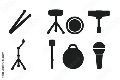Drum Kit Accessories Icons. Solid, filled icon set of drum kit accessories: drumsticks, drum throne, practice pad, drum key, cymbal stand, pedal beater, drum