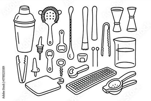 Bartender Tools Doodle. Bartender tools. Hand-drawn doodle illustration bartender tools shaker, strainer, bar spoon, muddler, jigger, ice tongs, speed pourer,