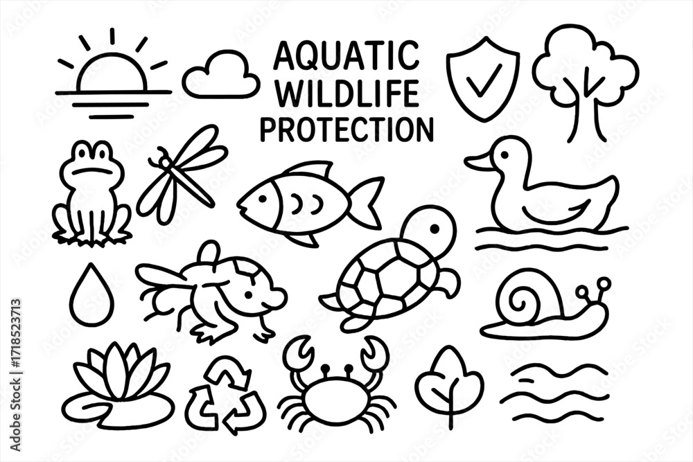 Obraz premium Aquatic Wildlife Doodles. Hand-drawn doodle illustration Aquatic wildlife protection [fish, turtle, frog, duck, dragonfly, crab, snail, water lily, droplet,