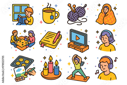Cozy Indoor Activities Icons. Colorful isometric vector icons set of cozy indoor activities during rain: reading a book, sipping tea, knitting, playing board