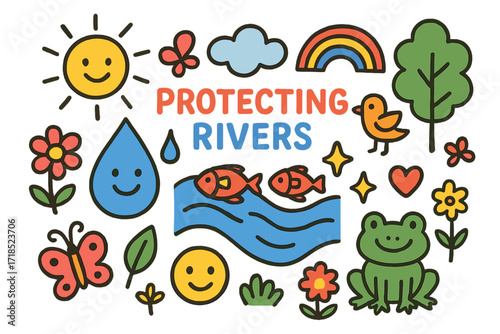 Protecting Rivers Illustration. Colorful Hand-drawn doodle Children illustration Protecting Rivers river, fish, water droplet, frog, rainbow, sun, cloud, tree,