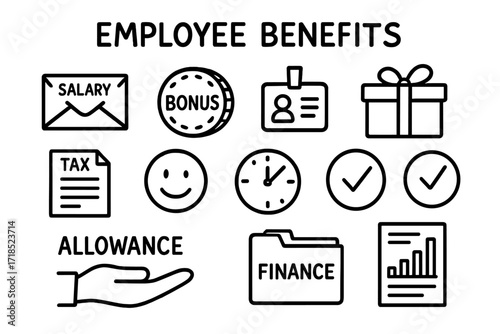 Employee Benefits Doodle. Hand-drawn doodle illustration employee benefits and compensation benefits chart, salary envelope, bonus coin, gift box, tax form,