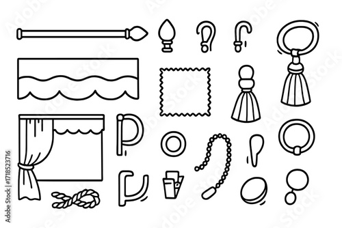 Curtain Accessories Doodles. Hand-drawn doodle illustration curtain accessories curtain rod, finial, hooks, rings, tassel, tieback, pelmet, valance, fabric