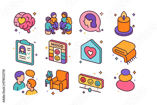 Mental Health Icons. Colorful isometric vector icons set of mental health at work: brain with heart, support group circle, mindfulness bubble, stress relief