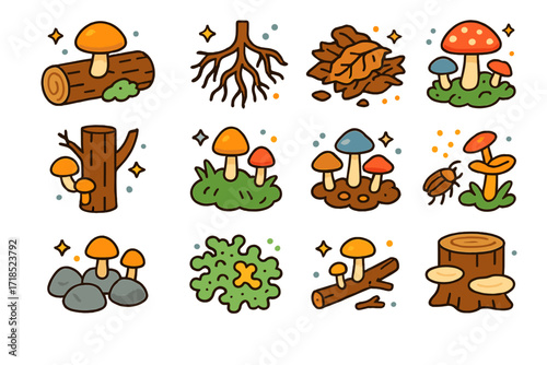 Isometric Fungi Icons. Colorful isometric vector icons set of fungi in ecosystems: mushroom on log, mycorrhizal roots, decomposing leaf pile, fungi on tree