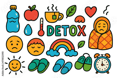 Detox Doodle Icons. Colorful Hand-drawn doodle Children illustration detox process water bottle, apple, tea cup, sweat drop, thermometer, tired face, frown,