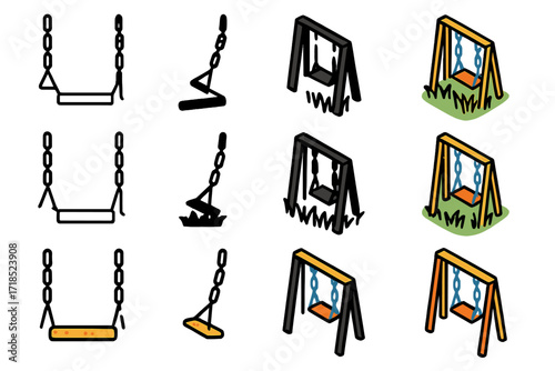 Abandoned Swing Icons. Icon Set of Abandoned Swings: Swing chain broken, Swing overgrown with grass, Rusty empty swing. Icons set in vector style, emblematic