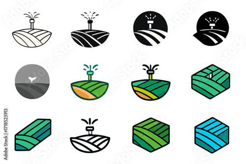 Colorful Crop Logos. Set Logo of Crop Fields: Field with Sprinkler Irrigation System. Logo set in vector style, emblematic variations. line, bold thick line,