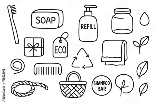 Eco Bathroom Essentials. Hand-drawn doodle illustration Eco bathroom essentials [bamboo toothbrush, soap bar, refill bottle, glass jar, paper wrap, eco label,