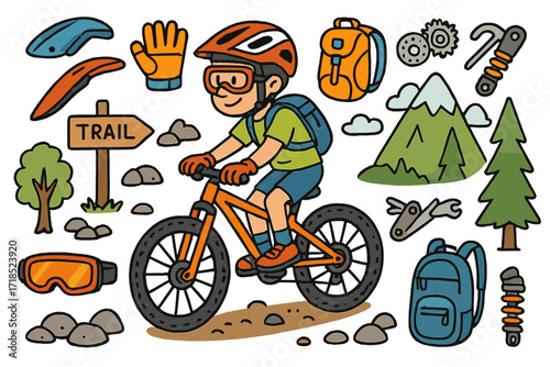 Mountain Biking Adventure. Colorful Hand-drawn doodle Children illustration Mountain Biking mountain bike, helmet, mudguard, gloves, hydration pack, trail