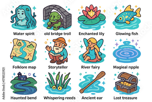 River Folklore Icons. Colorful isometric vector icons set of River legends and folklore: water spirit, old bridge troll, enchanted lily, glowing fish, folklore