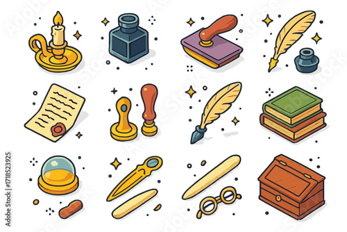 Victorian Desk Icons. Colorful isometric vector icons set of Victorian study desk: candle holder, ink bottle, blotter pad, handwritten letter, sealing wax,