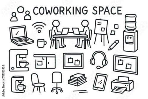 Coworking Space Elements. Hand-drawn doodle illustration [coworking space environment] [shared table, laptop, coffee machine, whiteboard, marker, sticky notes,