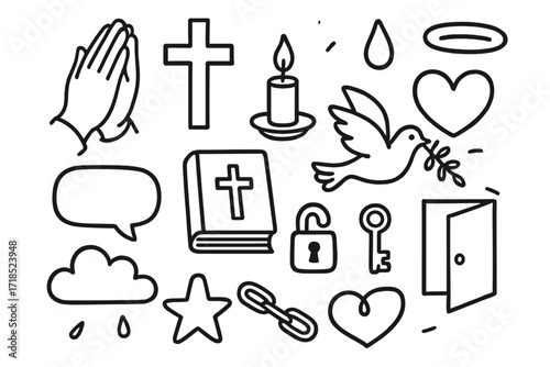 Religious Symbols Doodle. Hand-drawn doodle illustration Religious confession praying hands, cross, candle, book, dove, heart, cloud, tear drop, speech bubble,