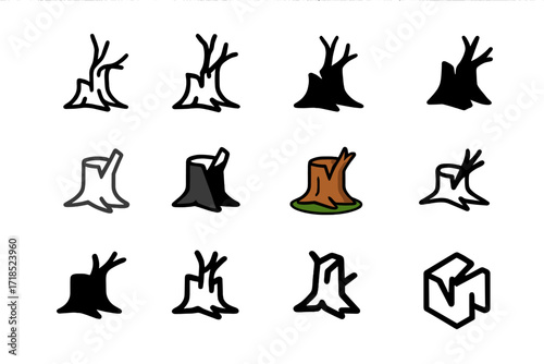 Barren Tree Logo Set. Set Logo of Barren Tree: Broken Tree Stump. Logo set in vector style, emblematic variations. line, bold thick line, solid black filled,