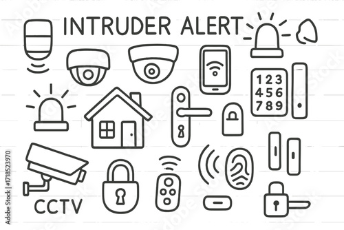 Security Devices Doodle. Hand-drawn doodle illustration Intruder alert Alarm bell, motion sensor, security camera, smartphone, siren, smart lock, keypad,