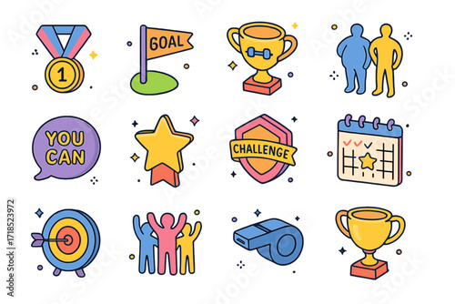 Colorful Fitness Icons. Fitness Motivation. Colorful isometric vector icons set of fitness motivation: progress medal, goal flag, gym trophy, before-and-after