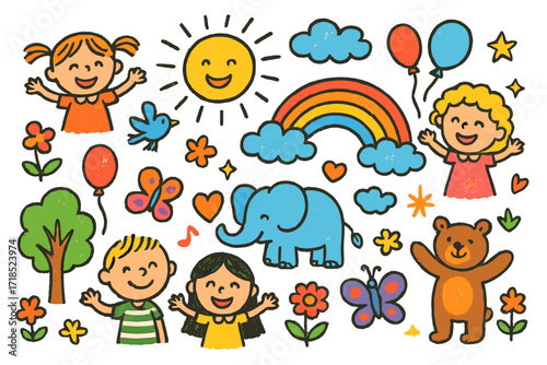 Joyful Sanctuary Celebration. Colorful Hand-drawn doodle Children illustration Sanctuary Celebration children, animals together, rainbow, balloons, sun,