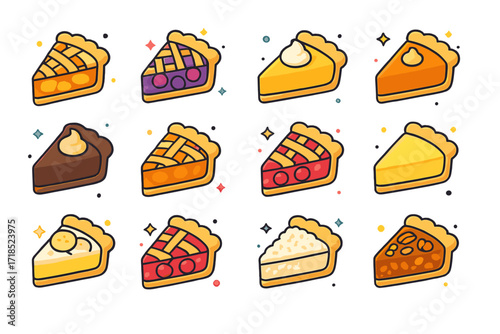 Mini Pie Slices Grid. Colorful isometric vector icons set of Mini Pie Slices: mini apple pie slice, mini berry pie slice, mini lemon pie slice, mini pumpkin
