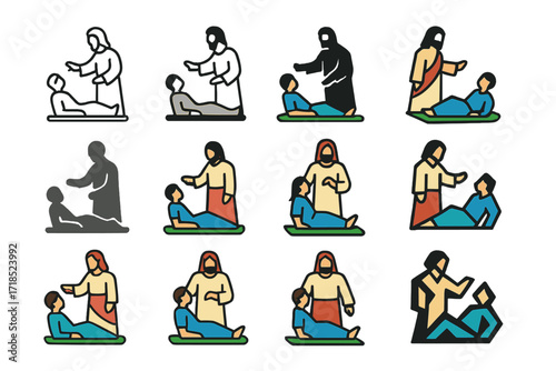 Miracles Logo Collection. Set Logo of Jesus' Miracles: Healing the paralyzed man. Logo set in vector style, emblematic variations. line, bold thick line, solid