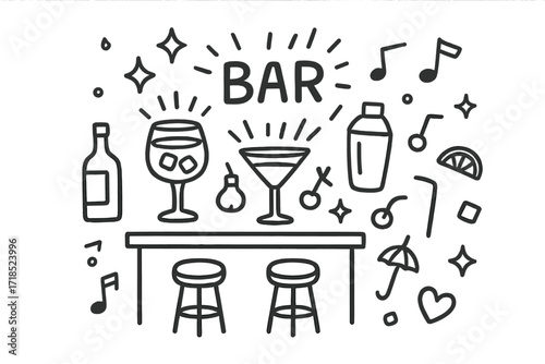 Glowing Cocktail Icons. Hand-drawn doodle illustration Bar glowing cocktails [bar counter, stool, cocktail glass, martini glass, shaker, bottle, straw,