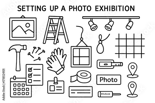 Photo Exhibition Setup Icons. Hand-drawn doodle illustration setting up a photo exhibition photo frame, ladder, hammer, nails, gallery lights, hanging wire,
